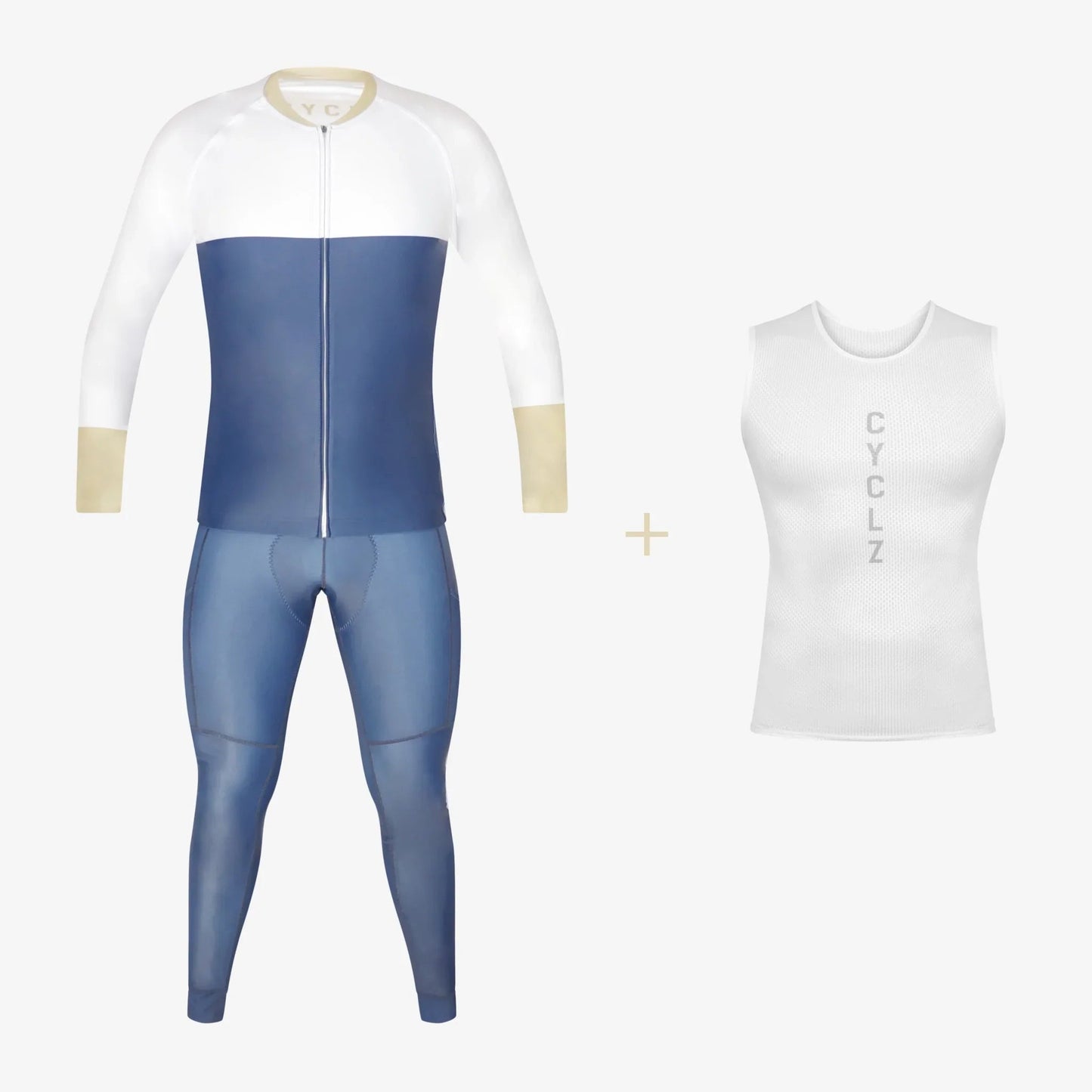 CYCLZ by Irena KollerCYCLZ® Rennrad - Set "Excelsior" für kühle Tage in der Übergangszeit mit Langarm - Trikot, "Mid Season Blue" Lange Hose & Base Layer Weiß