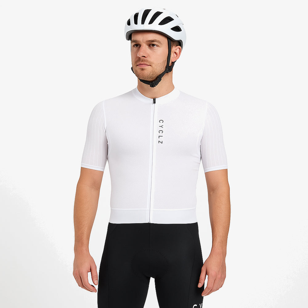 CYCLZ® Rennvelo Set Herren „Aero Race Ultralight & Breakaway“ – Weiss & Schwarz | Aero Trikot & Bib Shorts
