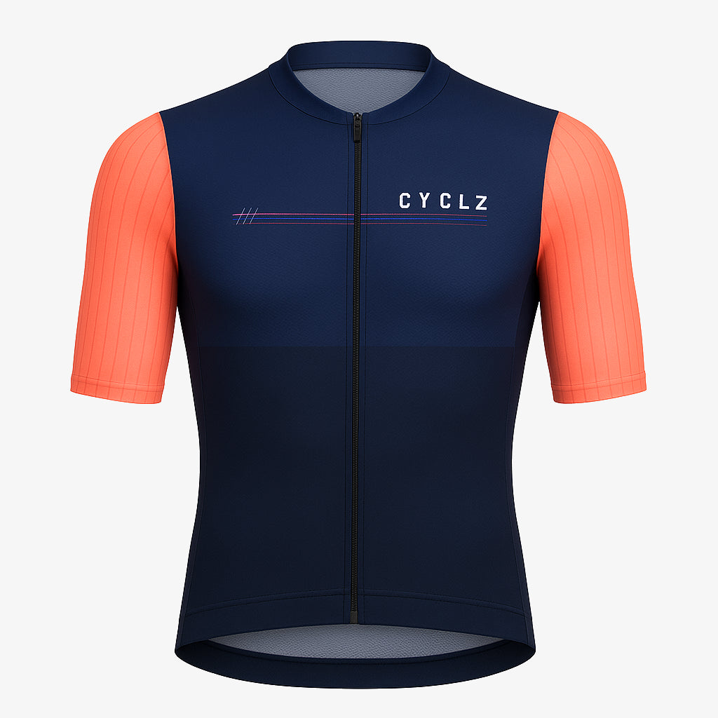 CYCLZ® Rennvelo Trikot „Aero Race Nightflare“ – Dunkelblau / Neonorange | Aero Race Cut für maximale Performance