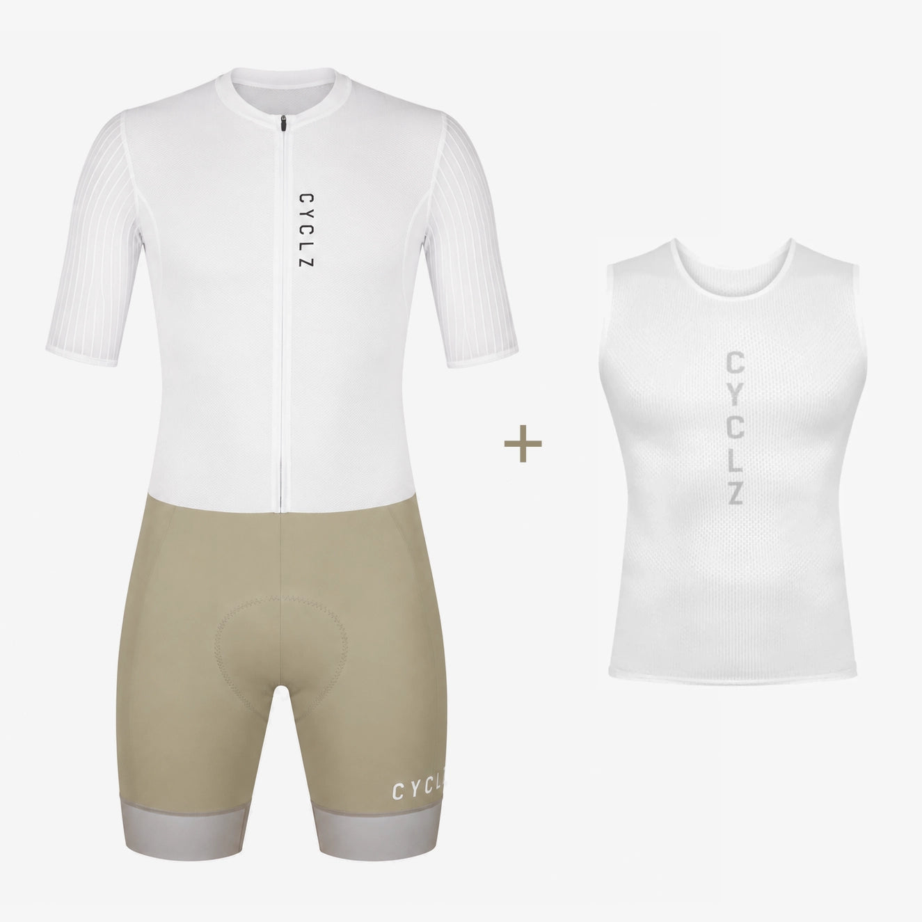 CYCLZ® Herren Rennrad Set „Alpine Race“ – Aero Trikot, Bib Shorts & Base Layer in Weiss/Taupe