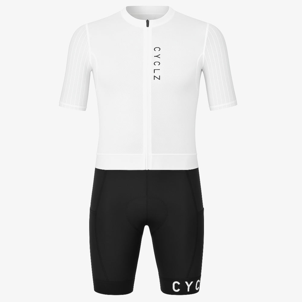 CYCLZ® Rennvelo Set Herren „Aero Race Ultralight & Breakaway“ – Weiss & Schwarz | Aero Trikot & Bib Shorts