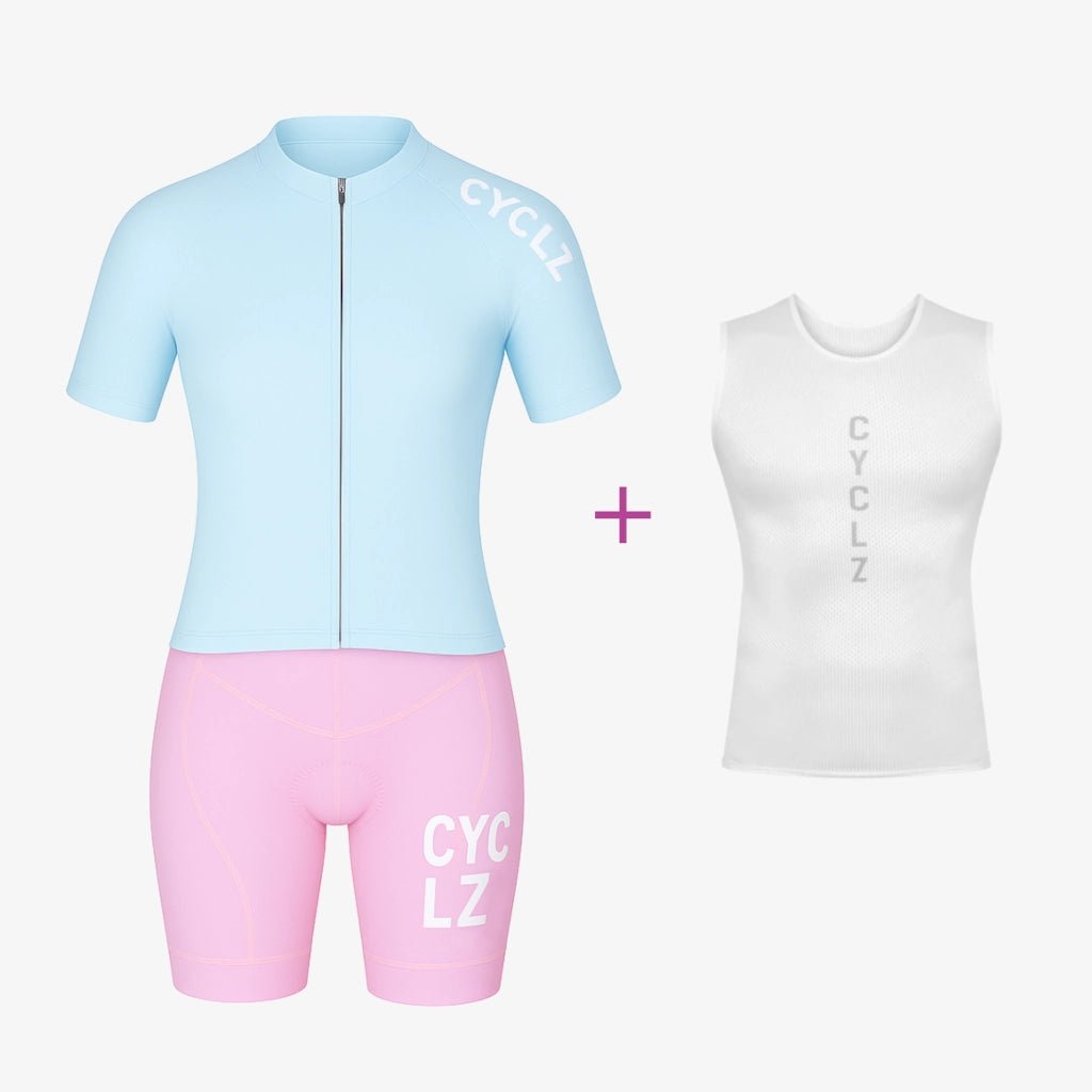 CYCLZ by Irena KollerCYCLZ Damen Rennrad - Set "Blue Motion" – Trikot, Bib Shorts & Base Layer im Bundle