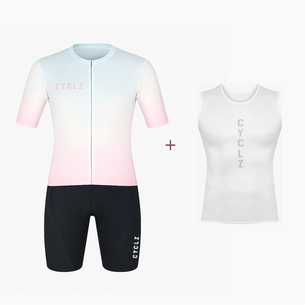 CYCLZ by Irena KollerCYCLZ® Damen Rennrad - Set: "RAINBOW" Trikot, "Elegance" Bib Shorts & Rosa Base Layer – Farbvielfalt & Performance für jede Fahrt